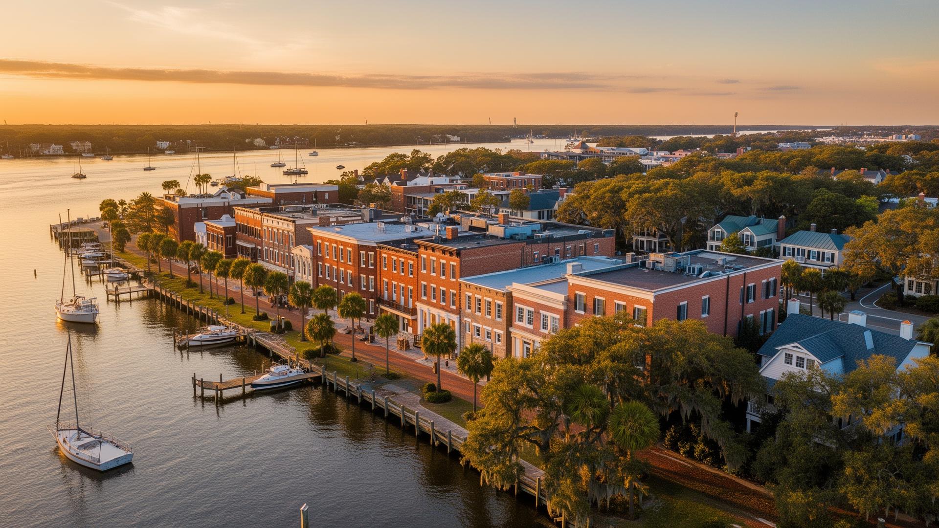 Aerial view of historic downtown Wilmington NC waterfront at golden hour